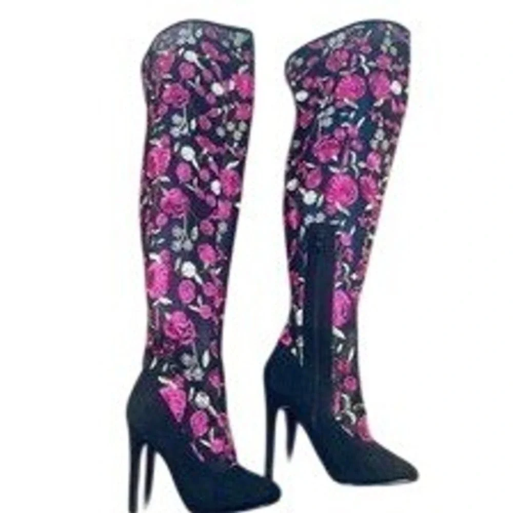 Lola Couture Floral Embroidered Over The Knee Boots Black Pink Stiletto Heel‎ 10